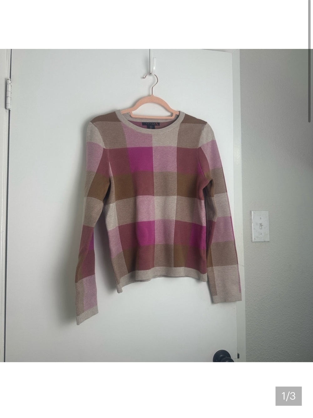 Tahari Mauve Plaid Sweater Business Casual Lightweight Spring Knit Top